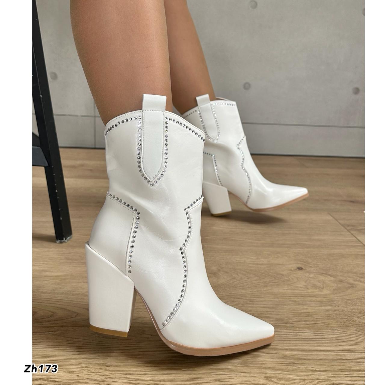 Botin texano blanco apliques plateado brillantes tacon 9cm 255-127